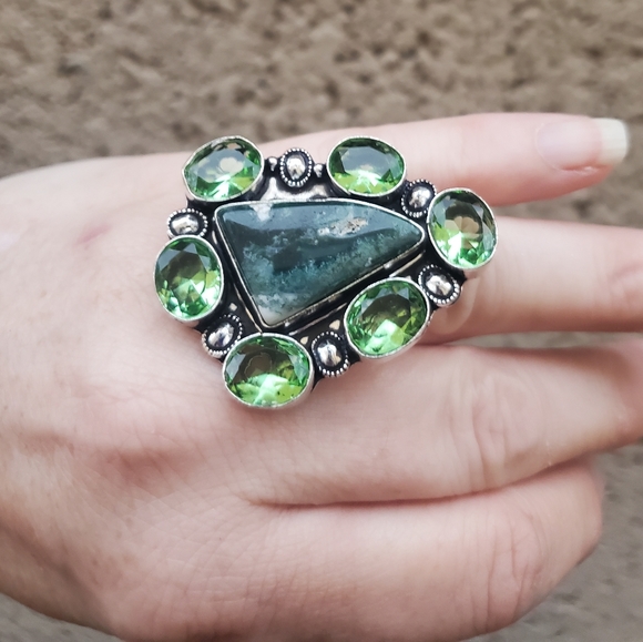 New Oversized Indian Moss Agate & Tsavorite 925 Silver Statement Ring. - Picture 14 of 16